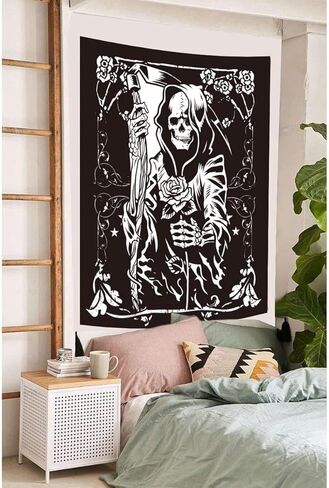 الجمجمة الجدار شنقا غريم ريبر الأزهار نسيج القوطية بطاقة التارو نسيج شبح الموت موضوع أسود هيكل عظمي نسيج الفن ديكور المنزل لغرفة النوم غرفة المعيشة 50x60 بوصة in Kuwait
