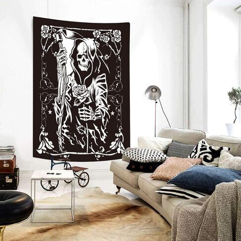 الجمجمة الجدار شنقا غريم ريبر الأزهار نسيج القوطية بطاقة التارو نسيج شبح الموت موضوع أسود هيكل عظمي نسيج الفن ديكور المنزل لغرفة النوم غرفة المعيشة 50x60 بوصة in Kuwait