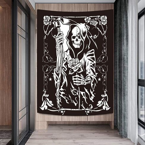 الجمجمة الجدار شنقا غريم ريبر الأزهار نسيج القوطية بطاقة التارو نسيج شبح الموت موضوع أسود هيكل عظمي نسيج الفن ديكور المنزل لغرفة النوم غرفة المعيشة 50x60 بوصة in Kuwait