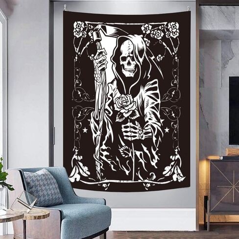 الجمجمة الجدار شنقا غريم ريبر الأزهار نسيج القوطية بطاقة التارو نسيج شبح الموت موضوع أسود هيكل عظمي نسيج الفن ديكور المنزل لغرفة النوم غرفة المعيشة 50x60 بوصة in Kuwait