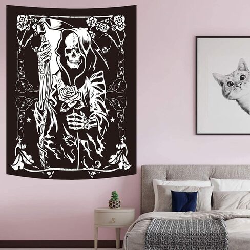 الجمجمة الجدار شنقا غريم ريبر الأزهار نسيج القوطية بطاقة التارو نسيج شبح الموت موضوع أسود هيكل عظمي نسيج الفن ديكور المنزل لغرفة النوم غرفة المعيشة 50x60 بوصة in Kuwait