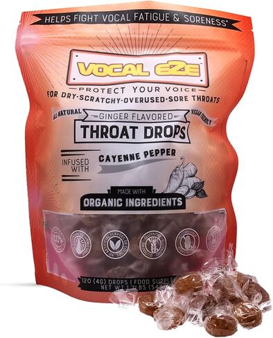 قطرات السعال الصوتية بالزنجبيل كايين | أقراص استحلاب لتخفيف آلام الحلق وبحة الصوت والتعب وجفاف الحلق | دعم الصوت، جميع المكونات الطبيعية والعضوية (صديقة للنباتيين) (120) in Kuwait