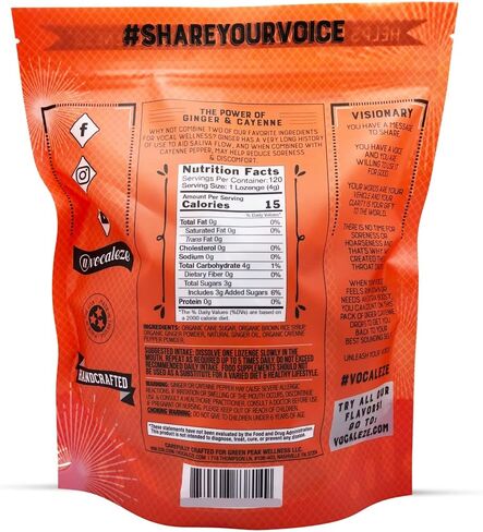 قطرات السعال الصوتية بالزنجبيل كايين | أقراص استحلاب لتخفيف آلام الحلق وبحة الصوت والتعب وجفاف الحلق | دعم الصوت، جميع المكونات الطبيعية والعضوية (صديقة للنباتيين) (120) in Kuwait