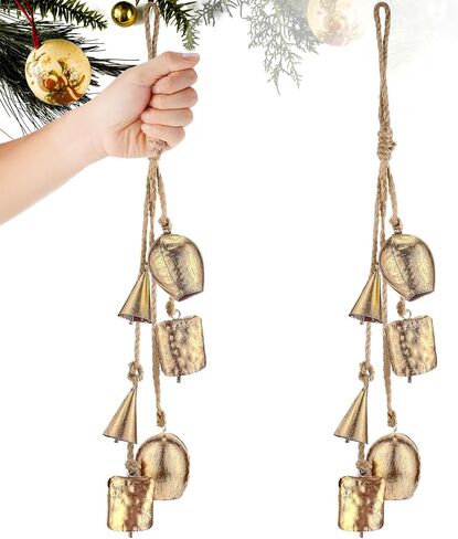Syhood 2 Sets Giant Christmas Bells Rustic Decorative Hanging Bells Large Lucky Vintage Iron Wrought Cow Bells on Rope Xmas Home Decor Gifts Outdoor Harmony Bells, 23.6" Length(Golden Bells, Retro) in Saudi Arabia