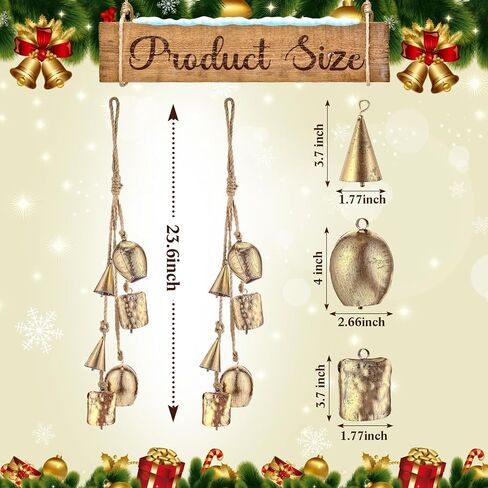 Syhood 2 Sets Giant Christmas Bells Rustic Decorative Hanging Bells Large Lucky Vintage Iron Wrought Cow Bells on Rope Xmas Home Decor Gifts Outdoor Harmony Bells, 23.6" Length(Golden Bells, Retro) in Saudi Arabia