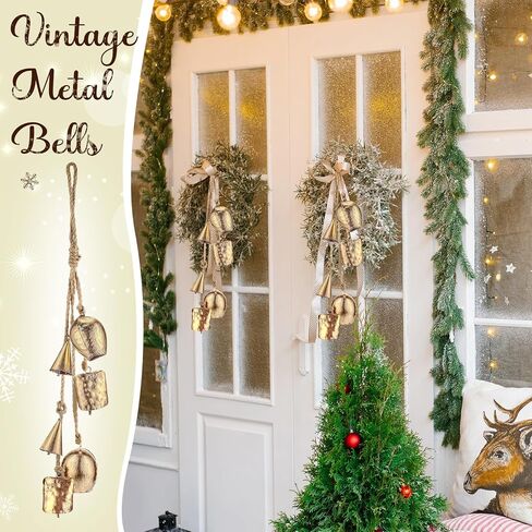 Syhood 2 Sets Giant Christmas Bells Rustic Decorative Hanging Bells Large Lucky Vintage Iron Wrought Cow Bells on Rope Xmas Home Decor Gifts Outdoor Harmony Bells, 23.6" Length(Golden Bells, Retro) in Saudi Arabia