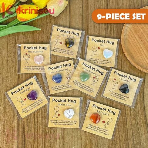 رمز قلب عناق الجيب، 9 قطع من البلورات وأحجار الشفاء مع البطاقات، هدايا ملهمة صغيرة الحجم، هدايا عيد الميلاد وعيد الحب لزملاء العمل والموظفين in Kuwait