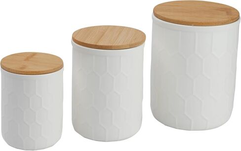 Bloomingville Farmhouse Stoneware Canisters with Honeycomb Design and Bamboo Lids, White and Natural, Set of 3 Sizes in Saudi Arabia
