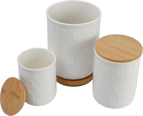 Bloomingville Farmhouse Stoneware Canisters with Honeycomb Design and Bamboo Lids, White and Natural, Set of 3 Sizes in Saudi Arabia