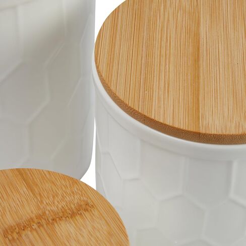 Bloomingville Farmhouse Stoneware Canisters with Honeycomb Design and Bamboo Lids, White and Natural, Set of 3 Sizes in Saudi Arabia