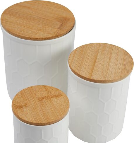 Bloomingville Farmhouse Stoneware Canisters with Honeycomb Design and Bamboo Lids, White and Natural, Set of 3 Sizes in Saudi Arabia
