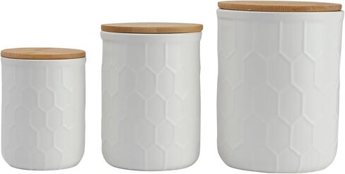 Bloomingville Farmhouse Stoneware Canisters with Honeycomb Design and Bamboo Lids, White and Natural, Set of 3 Sizes in Saudi Arabia