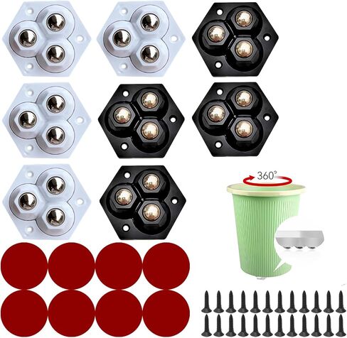 Self Adhesive Caster Wheels with Stainless Steel Ball Bearings - Set of 8 | 360 Degree Swivel Wheels for Kitchen Appliances (Black and White Hexagon - Three Steel Balls, 8) in Saudi Arabia