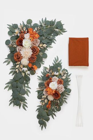 Burnt Orange Artificial Wedding Arch Flowers Kit (Pack of 3) with 26Ft Terracotta Shiny Arch Draping Fabric for DIY Wedding Party Ceremony Reception Backdrop Floral Decoration in Saudi Arabia