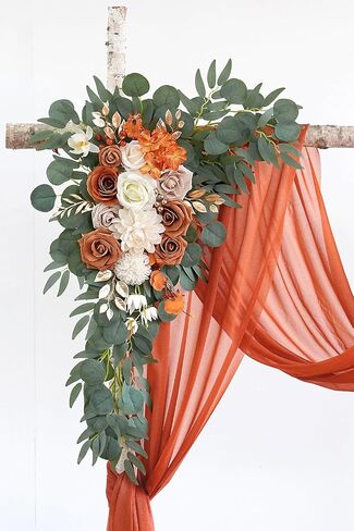 Burnt Orange Artificial Wedding Arch Flowers Kit (Pack of 3) with 26Ft Terracotta Shiny Arch Draping Fabric for DIY Wedding Party Ceremony Reception Backdrop Floral Decoration in Saudi Arabia