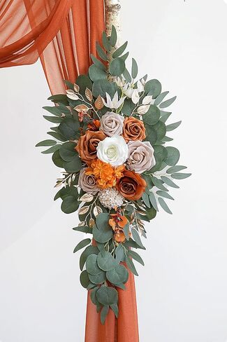 Burnt Orange Artificial Wedding Arch Flowers Kit (Pack of 3) with 26Ft Terracotta Shiny Arch Draping Fabric for DIY Wedding Party Ceremony Reception Backdrop Floral Decoration in Saudi Arabia