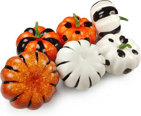 6 قطع من القرع الاصطناعي للحصاد الريفي في الخريف والخريف وعيد الشكر وعيد الهالوين وديكور القرع الزائف في المنتصف وخطوط القرع والبقع، قرع أبيض للديكور in Kuwait