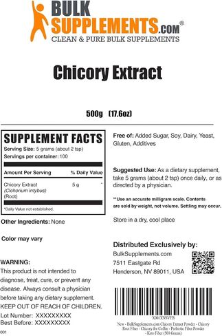 BulkSupplements.com Chicory Extract Powder - Chicory Root Supplement, Chicory Root Powder - Fiber Supplement, Gluten Free, 5g per Serving, 500g (1.1 lbs) (Pack of 1) in Saudi Arabia