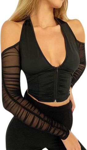 JUMISEE Women Sexy V Neck Off Shoulder Crop Top Halter Mesh Long Sleeve T Shirt Blouse Zipper Front Tee Top in Kuwait