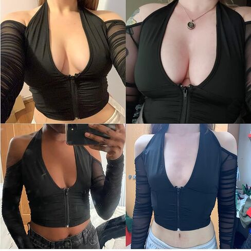 JUMISEE Women Sexy V Neck Off Shoulder Crop Top Halter Mesh Long Sleeve T Shirt Blouse Zipper Front Tee Top in Kuwait