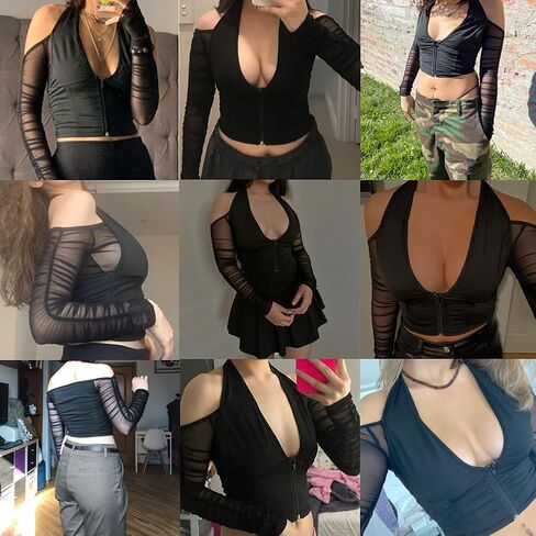 JUMISEE Women Sexy V Neck Off Shoulder Crop Top Halter Mesh Long Sleeve T Shirt Blouse Zipper Front Tee Top in Kuwait