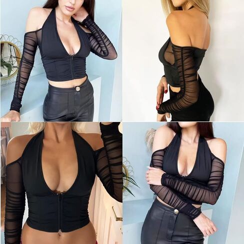 JUMISEE Women Sexy V Neck Off Shoulder Crop Top Halter Mesh Long Sleeve T Shirt Blouse Zipper Front Tee Top in Kuwait