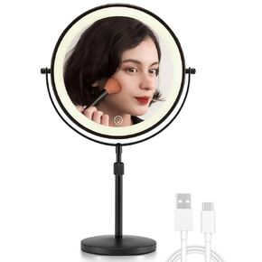 OMIRO 1X/10X Makeup Mirror with Lights,8.5 Inches Double Sided Vanity Mirror with Height-Adjustable Stand,Magnifying Mirror with 3 Color Light (Black)