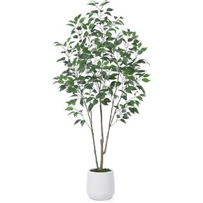 Artificial Tree,6FT Fake Ficus Tree in White Imitation Ceramic Planter with Lifelike Moss,Faux Ficus Silk Tree for Indoor Entryway Modern Decor Home Office Porch Balcony Shopping malls