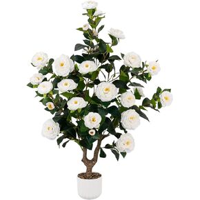 38" Tall Faux Artificial Plants Outdoor Camellia Trees Indoor Fake Tree Potted Plant Bushes with 32 White Blooming Flowers in Fashion Pot Home Decor Front Door Arboles Artificiales para Decoracion