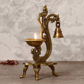 eCraftIndia Antique Finish Decorative Handcrafted Brass Parrot Showpiece Diya with Bells and Stand