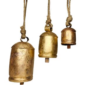 BELLUXE Set of 3 Giant Harmony Cow Bells Huge Vintage Handmade Rustic Lucky Christmas Hanging Bells On Rope (Country Rustic, Large)
