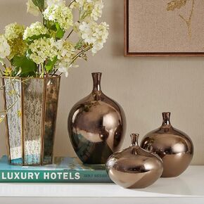 Madison Park Signature Ansen Ceramic Handmade Vase Set Home Décor - Metallic Accent Living Room Decoration Ideal for Shelf, Side Table, Mantle Ornaments, Multi Size, Bronze 3 Piece