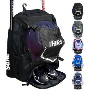 Hit Run Steal Baseball Bag, Softball Bat Bag for Youth & Adult. Holds 4 Bats, Glove, Water Bottle, Shoe Compartment, Helmet, Fence Hook for Equipment & Gear