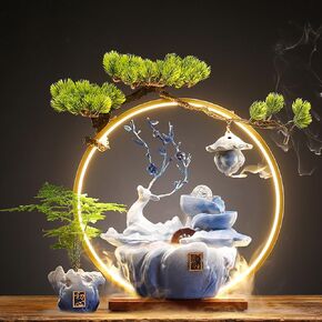 Deer Tabletop Water Fountain,Mist LED Light Home Decor Includes Backflow Incense,Japanese Water Fountains for Meditation,Indoor Zen Decor for Office,Living Room,or Bedroom