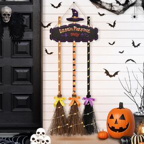 Halloween Witch Broom Decorations, Lighted Broom Parking Sign with 3 Wooden Witch Broomstick Halloween Decorations for Front Porch Wall Home Office Indoor Outdoor Decor