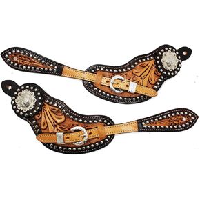 CHALLENGER Horse Western Tooled Leather Studded Cowboy Boots Spur Straps 74RT01