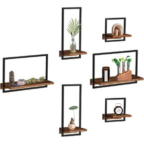 takor 6 Sets Rustic Floating Shelves,Wooden Storage Shelf with Metal Frame, Wall-Mounted Wood Display, Wall Hanging Decor, Home Decor for Living Room, Bedroom, Kitchen, Office