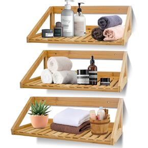 Floating Shelves Wall Mounted, 3 Pcs Solid Bamboo Wall Hanging Rack Holder，Wall Storage Shelves for Bedroom, Living Room, Bathroom, Kitchen, Office Decor