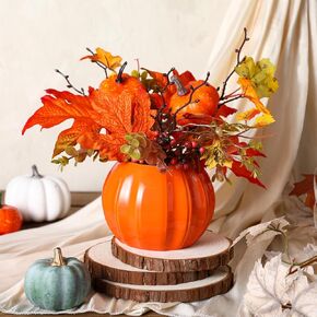 Fall Table Centerpiece Ceramic Pumpkin Vase with Artificial Maple Leaves Berries Branch Pumpkin Floral Arrangement Harvest Farmhouse Decor for Thanksgiving Halloween Table Pumpkin Decorations