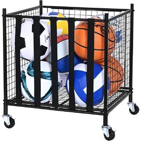 VEVOR Mobile Sports Ball Cage, Secure Storage with Flexible Bands, Equipment Organizer for Both Indoor and Outdoor Use, Metal Rack for Garage, Playgroup, Gym, and School
