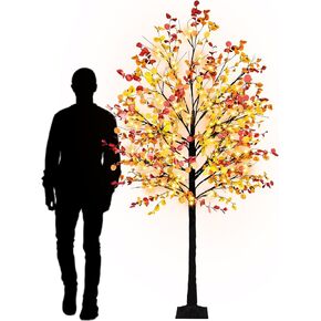 Krissing 8FT Fall Light Up Tree, Artificial Lighted Fall Eucalyptus Tree with 160 Led Lights Fake Large Autumn Tree for Fall Home Indoor Outdoor Thanksgiving Decor