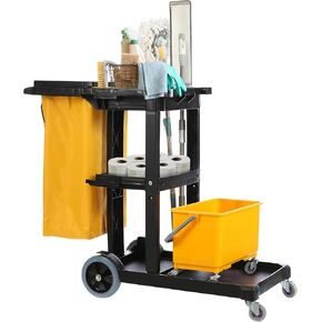 Houseables Cleaning Cart, Janitorial Cart, Cleaning Carts on Wheels, Commercial Housekeeping Cart, Janitor Cart, Rolling Cleaning Supply Cart, 440 LB Capacity, 3 Shelf, 24 Gallon Bag w/Lid, 48x19x39"