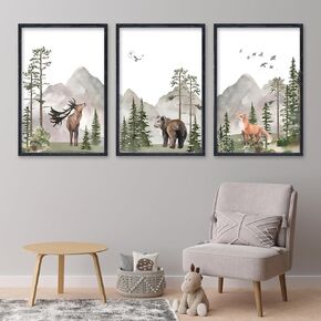 Set Of 3 Wild Woodland Nursery Animals Wall Art Decor 16x11 Inch Safari Foggy Forest Deer Bear Fox Posters Wood Framed Sign Jungle Children's Boys Girls Room Watercolor Prints Hang (Black)