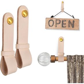 Premium Leather Curtain Rod Holder - Boho Style Decorative Leather Straps, Hooks for Wall Hanging, Versatile Leather Holders for Curtains, Towels, Oars, and Home Decor (White, 2 Pack)