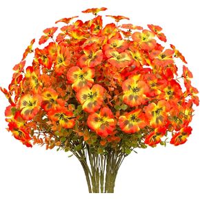 10 Bundles Artificial Pansy and Eucalyptus Flowers Faux Plastic Outdoor UV Resistant Silk Flowers for Window Box Porch Home Garden Wedding Farmhouse Decor (Autumn Orange)