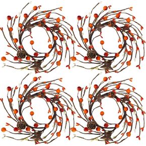 Winlyn Set of 4 Fall Orange Berry and Rusty Star Candle Rings Artificial Pip Berry Pinecone Primitive Candle Wreaths Mini Decorative Wreaths 8.7" for Country Farmhouse Wedding Thanksgiving Table Décor