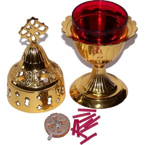 مصباح زيت نحاسي من Holy Land Market - لوازم وإكسسوارات الكنيسة - مع كوب زجاجي زيتي وفتائل وعوامات (8 بوصات) in Kuwait