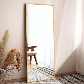 NeuType 47"x16" Full Length Mirror with Standing Holder Aluminum Alloy Frame Floor Mirror Wall-Mounted Mirror for Living Room, Bedroom, Hanging or Leaning Against Wall, Golden (with Stand)