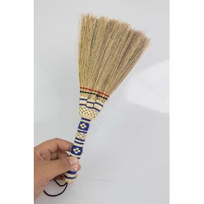 SN SKENNOVA - (Tiny Size) 11 inch Short of Asian Whisk Broom Thai Natural Straw Broom with Embroidery Nylon Thread Handle with Nylon Hanger