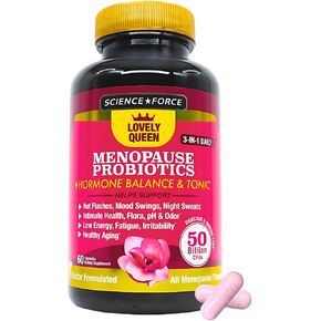 Lovely Queen Menopause Probiotics + Hormone Balance & Tonic, Hot Flashes, Mood Swings, Night Sweats + Vaginal Health, Odor, pH & Dryness, Energy Drive, 3-in-1 Women Supplement, 50 Billion CFU, 60 ct